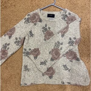 Lucky Brand Sweater Rose Print, Flare Sleeve Gray Pink, Med